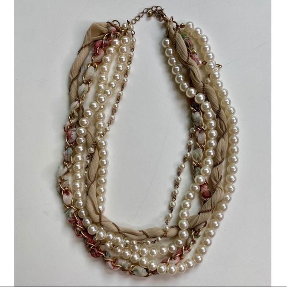 Imitation Pearl, Chain and Fabric Necklace.